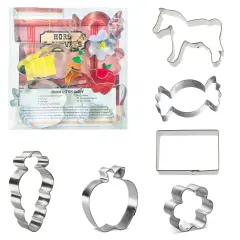 CookieCutter.com 6 Piece Hors D'Oeuvres Cookie Cutter Set Horse, Hay Bale Rectangle, Easter Carrot, Apple with Leaf, Candy Wrapper Party Cracker, Scallop Flower, Metal Shapes Made in USA, Silver