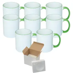 8 Pcs 11OZ Light Green Rim & Handle Sublimation Mugs With Foam Support Boxes