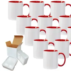 11 oz White Ceramic Sublimation Coffee Mug with RED Colors Inside/Handle -Cardboard Box with Foam Supports Case of 12