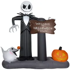 6' Gemmy Airblown Inflatable Jack Skellington & Zero "Welcome To Halloween Town" Sign Yard Decoration 223089