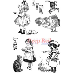 Deep Red Stamps Victorian Girls with Kittens Rubber Cling Stamps 4 x 6 inches