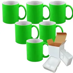 6 PACK 11OZ GREEN Fluorescent / Neon Sublimation Mugs with Foam Supports Cardboard Boxes