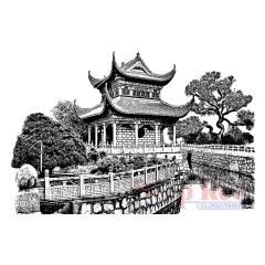 Deep Red Stamps Chinese Garden Rubber Cling Stamp 4 x 2.7 inches