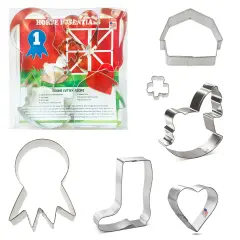 CookieCutter.com 6 Piece Horse Essentials Cookie Cutter Set Prize Ribbon, Rainboot, Barn, Rocking Horse, Heart, Mini Shamrock, Metal Shapes Made in USA, Silver