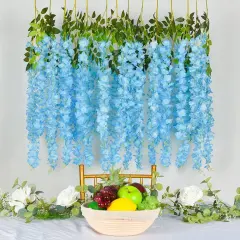 12pcs Artificial Wisteria Vine Hanging Rattan Garland Silk Flower for Wedding Party Home Garden Outdoor Ceremony Floral D&eacute;cor, Blue