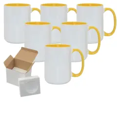 6 Pcs 15OZ El Grande Yellow Inside & Handle Sublimation Mugs With Foam Support Boxes