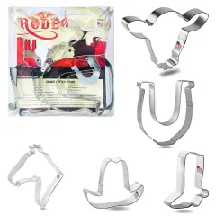 CookieCutter.com 5 Piece Rodeo Cookie Cutter Set Cowboy Boot, Horse Shoe, Horse Head, Steer Head, Metal Shapes Made in USA, Silver