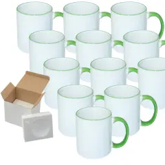 12 Pcs 11OZ Light Green Rim & Handle Sublimation Mugs With Foam Support Boxes