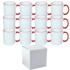 12 Pcs 11OZ Red Rim & Handle Sublimation Mugs With Individual White Boxes