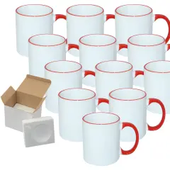 12 Pcs 11OZ Red Rim & Handle Sublimation Mugs With Foam Support Boxes