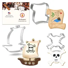 CookieCutter.com 3 Piece Birthday Pirate Cookie Cutter Set Pirate Ship, Skull and Crossbones, Scroll Letter, Metal Shapes Made in USA, Silver