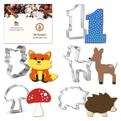 CookieCutter.com 5 Piece Woodland Birthday Cookie Cutter Set Fawn Deer, Mushroom, Collegiate Number One, Hedge Hog, Cute Fox, Metal Shapes Made in USA, Silver