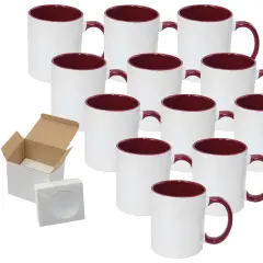 11 oz White Ceramic Sublimation Coffee Mug with DARK RED Color Inside/Handle -Cardboard Box with Foam Supports Case of 12