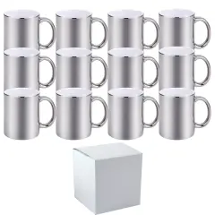 12 PACK 11 oz. METALLIC SILVER outer & Handle- Ceramic Sublimation Mugs - Professional Grade - With Individual White Gift Boxes