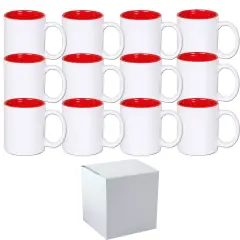 12 PACK 11 oz. Ceramic Mug - RED Two-Tone Sublimation Blank Mugs - RED Inner and WHITE Handle - Individually Packed in a White Gift Boxes