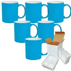 6 PACK 11OZ BLUE Fluorescent / Neon Sublimation Mugs with Foam Supports Cardboard Boxes