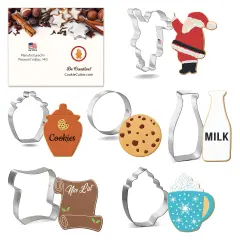 CookieCutter.com 6 Piece Christmas Santa Cookie Cutter Set Scroll, Milk Bottle, Waving Santa, Circle Cookie, Cookie Jar, Coffee Mug, Metal Shapes Made in USA, Silver