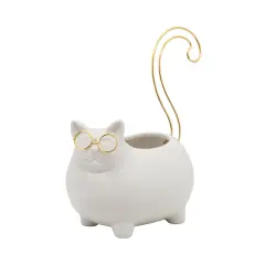 Kingston Living 8" White and Gold Kitty Shaped Ceramic Trinket Tray