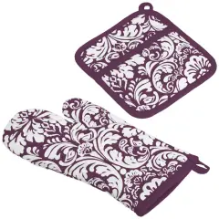 DII Eggplant Damask Oven Mitt & Potholder Set