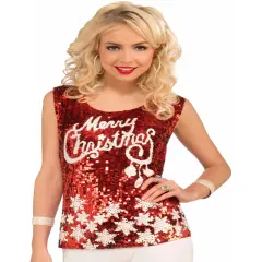 Womens Racy Red Merry Christmas Snowflake Haut Top Sequin Shirt