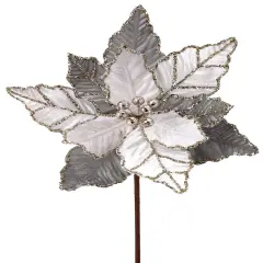 24" White and Silver Glitter Vein Poinsettia Flower with Gold Trim -Christmas Floral Decoration