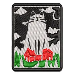 Giant Yule Cat Looming Over Village Christmas Multi-Color Embroidered Iron-On or Hook & Loop Patch Applique