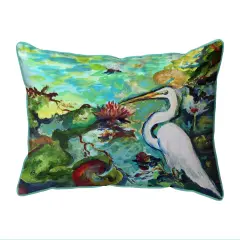 Betsy Drake Egret& Waterlilies Large Indoor/Outdoor Pillow 16x20 Multicolor