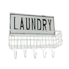 Weathered White Enamelware Laundry Hanging Shelf With Wall Hooks