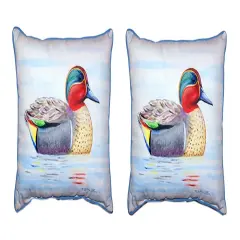 Pair of Betsy Drake Green Wing Teal Duck Outdoor Pillows 16 Inch x 20 Inch