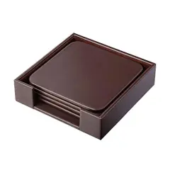 Chocolate Brown Leatherette 4 Square Coaster Set with Holder