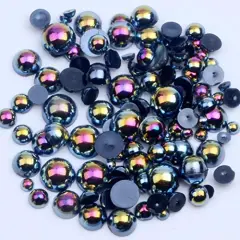 1000 Pieces Flatback Half Pearls, Mixed Size 4/6/8/10/12/14mm Flat Back Round Half Pearls Beads for Crafts Jewelry, Loose Beads Gem (Jet Black AB)