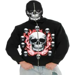 Adult Men's Flaming Skulls Black Hoodie Sweatshirt