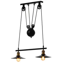 Modern Industrial Adjustable 2 Bulb Pulley Wired Ceiling Hanging Light Fixture, Black Decorative Chandelier