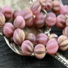 Copper Washed Etched Dusty Rose Round Melon Beads