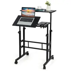Costway Mobile Stand up Computer Desk Rolling Standing Laptop Cart with 2 Tilting Desktops Sitting Standing Modes Height Adjustable Home Office Black