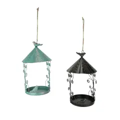 Rust Teal Metal Hanging Bird Feeder Outdoor Decorative Garden Seed Tray Set of 2