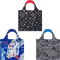 Wrapables Allybag Foldable & Lightweight Reusable Grocery Bag, 3 Pack Coffee and New York