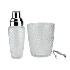 Wild Eye Set of 3 Diamond Cut Handcrafted Clear Cocktail Shaker with Bucket and Tong 9.5" Silver