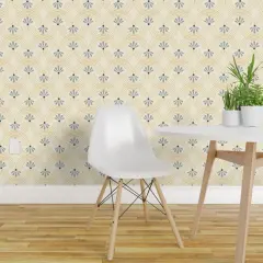 Pre-Pasted Wallpaper 2FT Wide Retro Floral Yellow Swirls Blue Gray Deco Flowers Custom Pre-pasted Wallpaper by Spoonflower