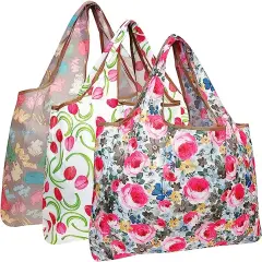 Wrapables Large Foldable Tote Nylon Reusable Grocery Bag, 3 Pack Floral Brights
