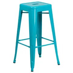 Merrick Lane Newark Series Backless Metal Stool with Square Seat for Indoor-Outdoor Use Crystal Teal-Blue