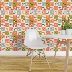 Pre-Pasted Wallpaper 2FT Wide Checkerboard Mushrooms Orange Blue Shrooms Toadstools Nature Botanical Whimsical Custom Pre-pasted Wallpaper by Spoonflower