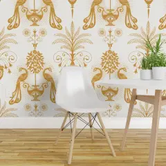 Peel & Stick Wallpaper 2FT Wide Gold Peacock Mediterranean Toscana Golden Italian Villa Palm Garden Fruit Damask Floral Botanical Classical Large Scale Custom Removable Wallpaper by Spoonflower