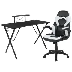 Emma and Oliver Gaming Desk and Racing Chair Set with Headphone Hook, and Monitor Stand White