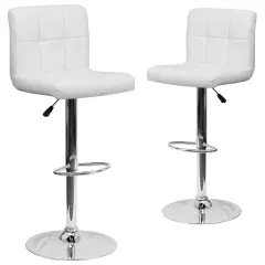 Emma and Oliver 2 Pack Contemporary Quilted Vinyl Adjustable Height Barstool with Chrome Base White