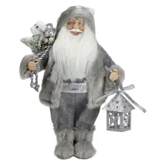 Northlight Faux Fur Standing Santa Claus Christmas Figurine with Bag and Lantern - 12" Gray