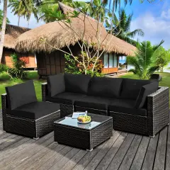 5 Pieces Cushioned Patio Rattan Furniture Set with Glass Table Black