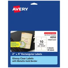 Avery Printable Glossy Clear Labels, 2" x 4" Rectangle Labels, Clear with Metallic Gold Border, Permanent Adhesive, Laser & Inkjet Compatible, 60 Blank Labels (6552)