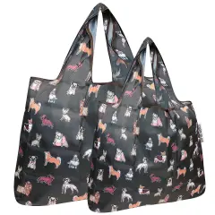 Wrapables Large & Small Foldable Tote Nylon Reusable Grocery Bags, Set of 2 Shiba Inu Dogs