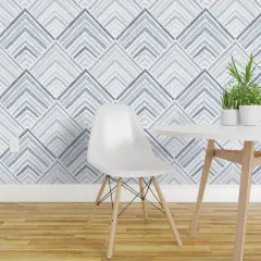 Peel & Stick Wallpaper 2FT Wide Coastal Geometric Modern Blue Monochrome Lines Neutral Beach Sea Chevron Custom Removable Wallpaper by Spoonflower